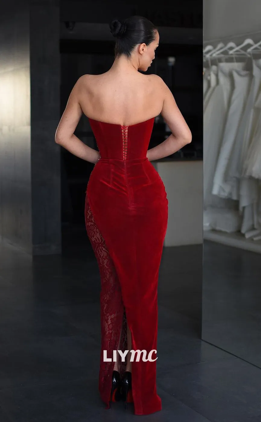LP1087 - Strapless Velvet Beads Burgundy Long Formal Prom Dress