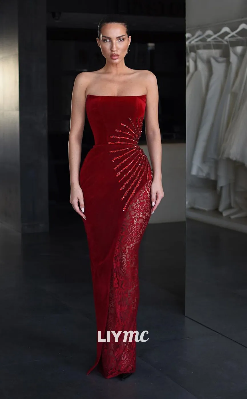 LP1087 - Strapless Velvet Beads Burgundy Long Formal Prom Dress