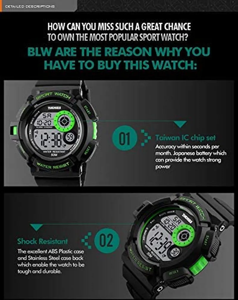Men's LED Digital Electronic Multi-Function Calendar Waterproof Watch Sports Fashion Chronograph Watches