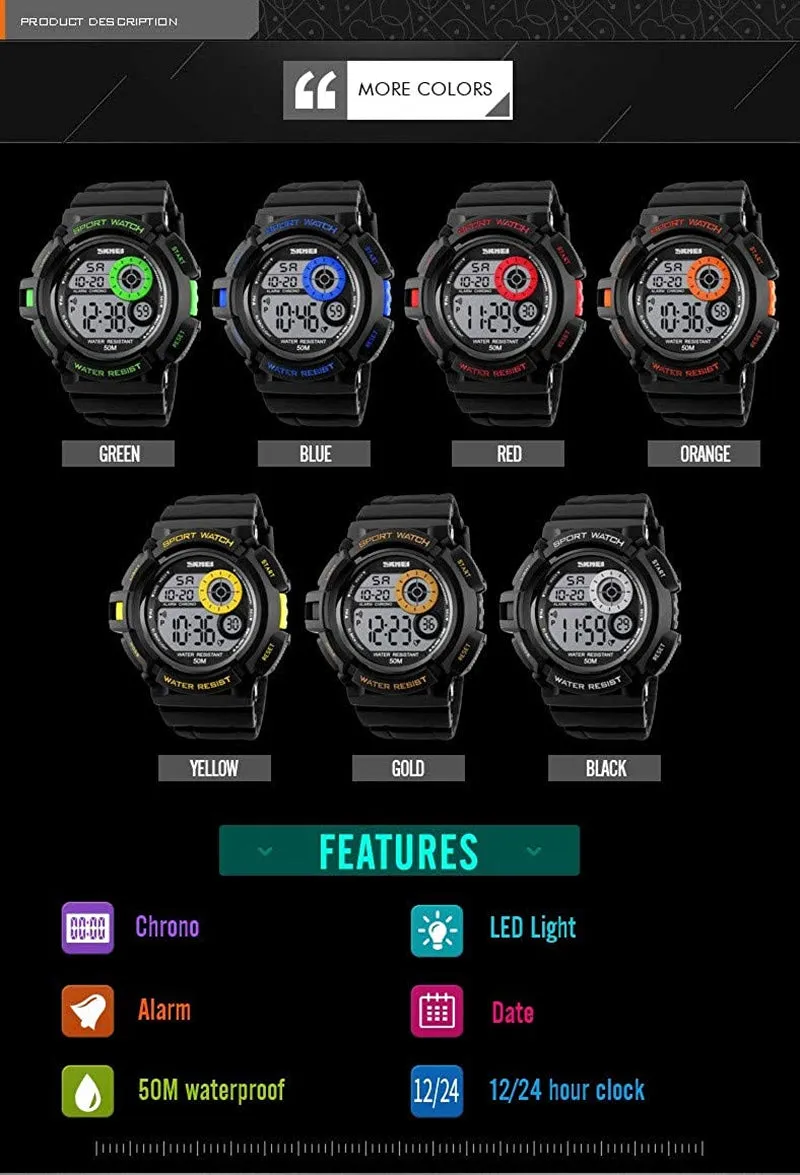 Men's LED Digital Electronic Multi-Function Calendar Waterproof Watch Sports Fashion Chronograph Watches
