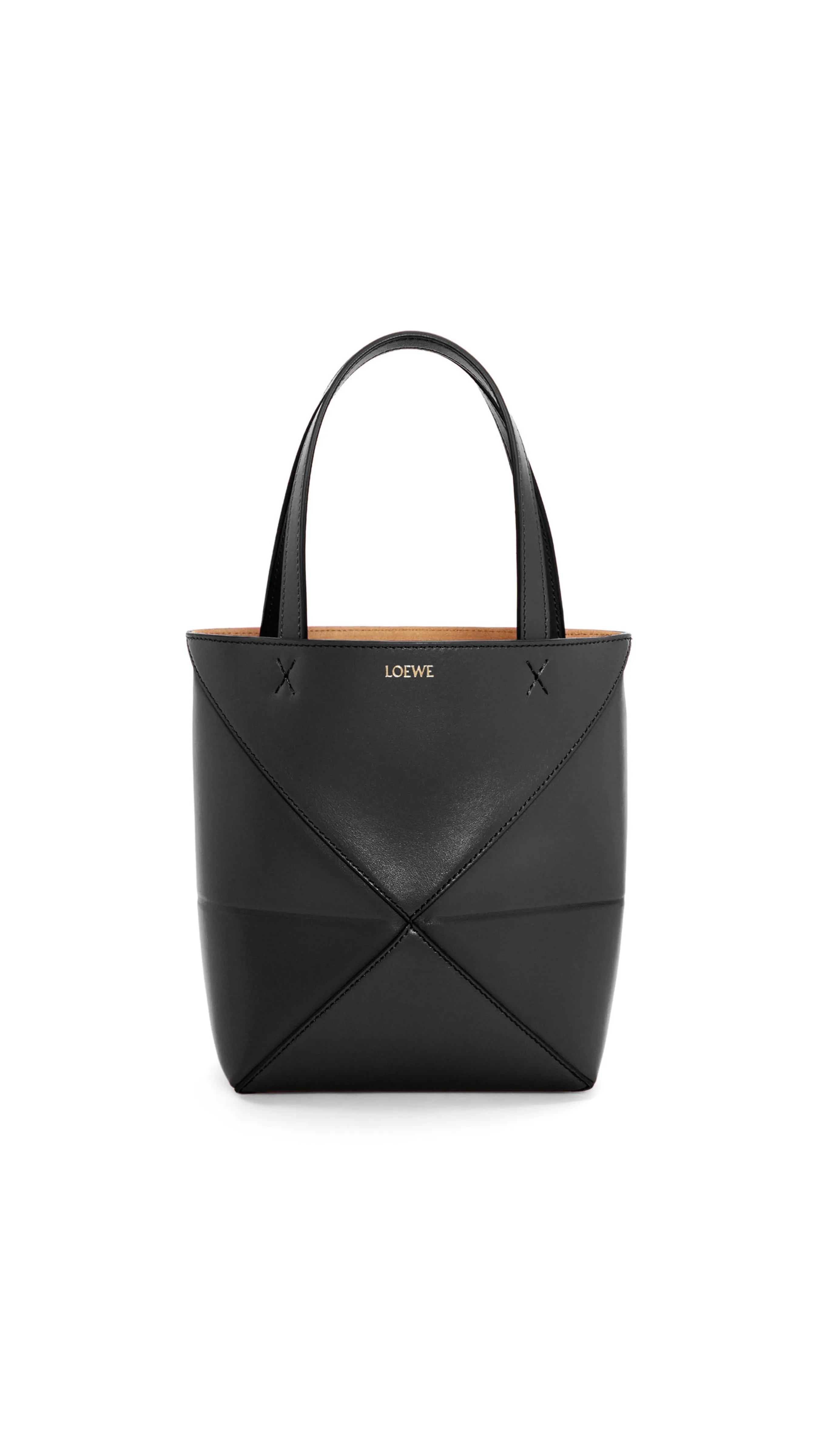Mini Puzzle Fold Tote in Shiny Calfskin - Black