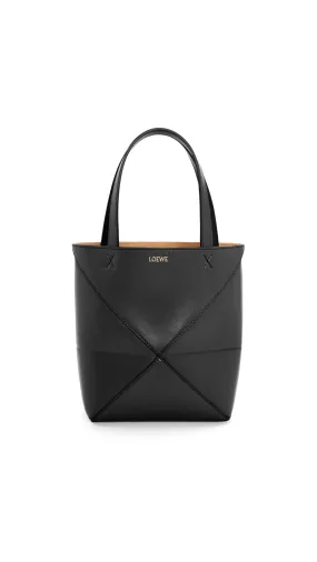 Mini Puzzle Fold Tote in Shiny Calfskin - Black