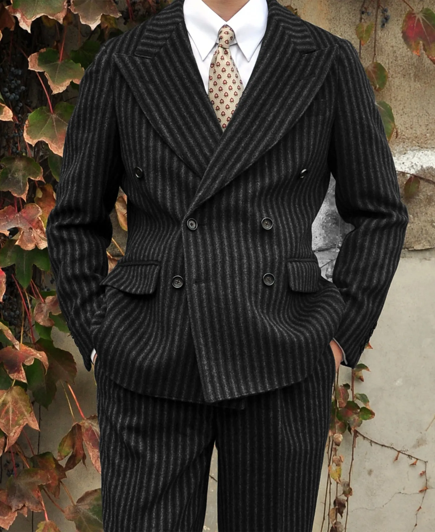 Peak Lapel Double Breasted Tweed Suit Jacket