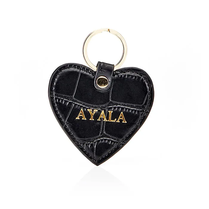 Personalised Leather Heart Keyring - Black Croc with Gold Hardware