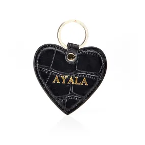 Personalised Leather Heart Keyring - Black Croc with Gold Hardware