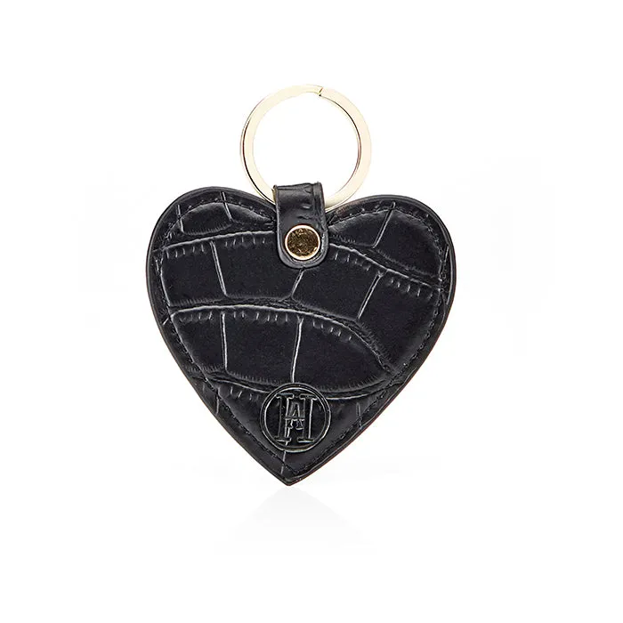 Personalised Leather Heart Keyring - Black Croc with Gold Hardware