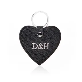 Personalised Leather Heart Keyring - Black Saffiano with Silver Hardware