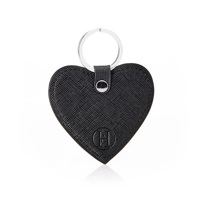 Personalised Leather Heart Keyring - Black Saffiano with Silver Hardware