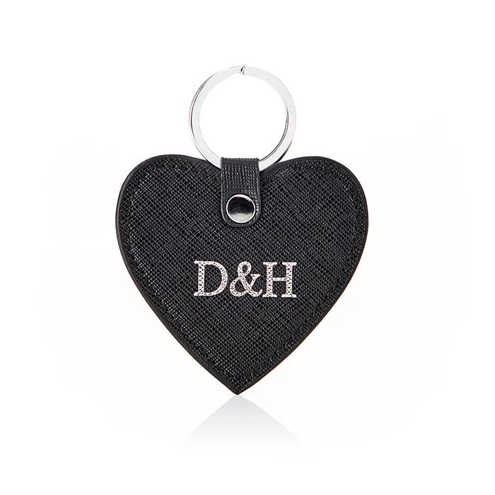 Personalised Leather Heart Keyring - Black Saffiano with Silver Hardware