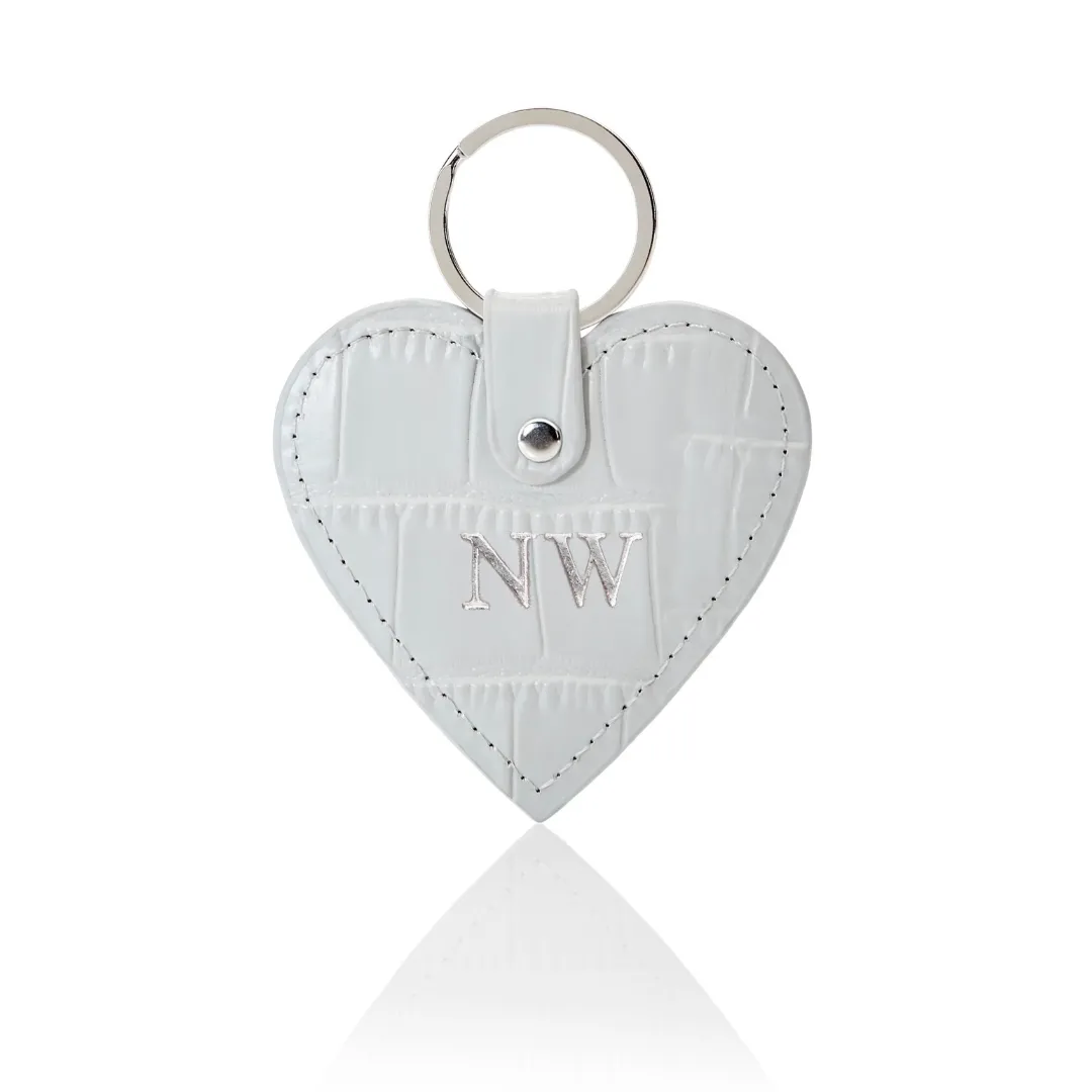 Personalised Leather Heart Keyring - Grey Croc with Silver Hardware