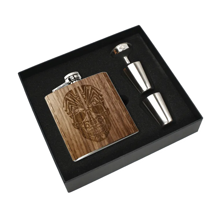 Real Wooden 6 oz. Hip Flask in Premium Gift Box with Shot Glasses & Funnel
