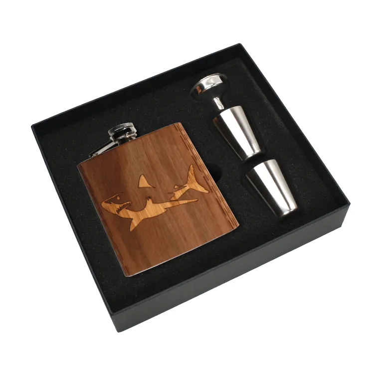 Real Wooden 6 oz. Hip Flask in Premium Gift Box with Shot Glasses & Funnel
