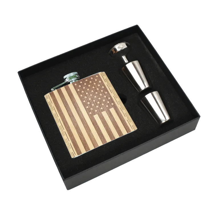 Real Wooden 6 oz. Hip Flask in Premium Gift Box with Shot Glasses & Funnel