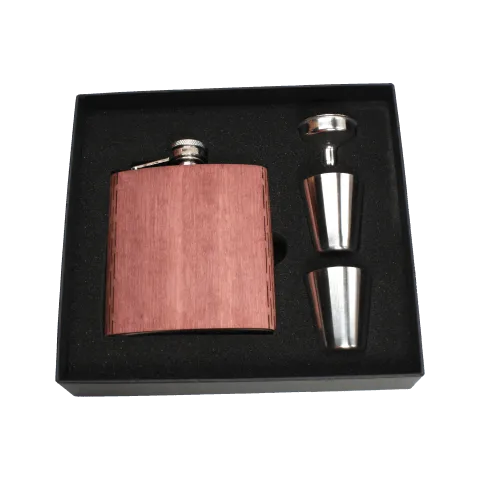 Real Wooden 6 oz. Hip Flask in Premium Gift Box with Shot Glasses & Funnel
