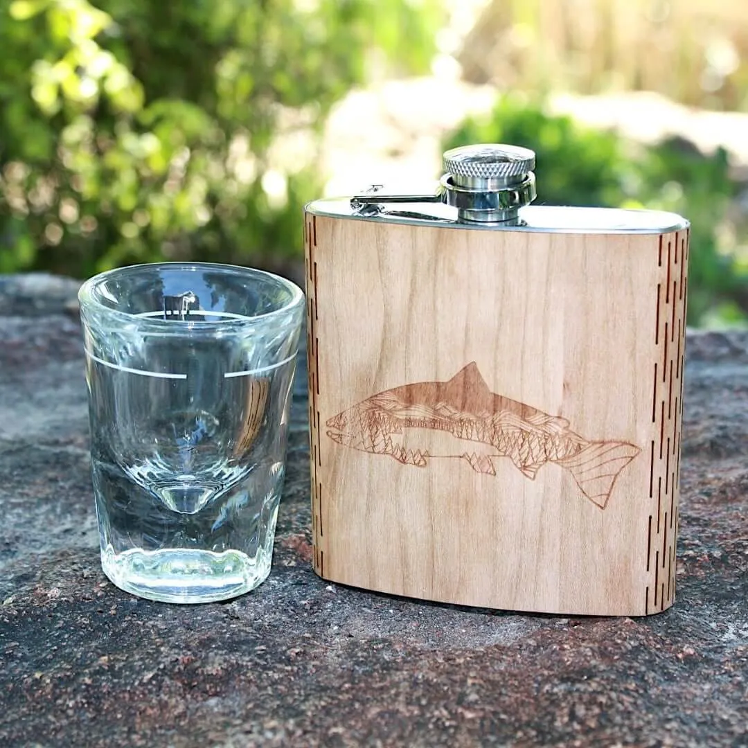 Salmon Night Landscape 6 oz. Wooden Hip Flask - Outdoor Adventure Collection - Art by Ben McKenzie