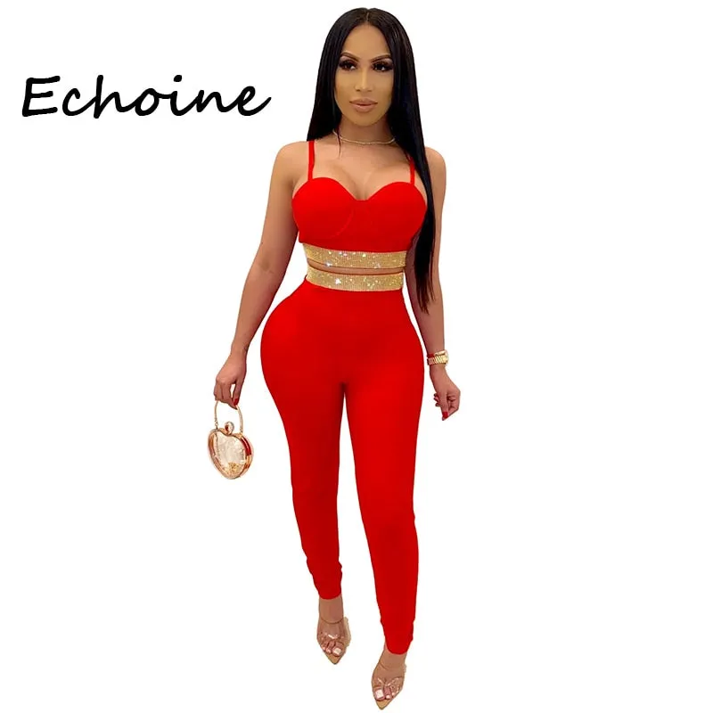 Sexy Off Shoulder Women Suit Diamond Pullover Strapless  Bodycon Outfit Tracksuit Women Party Night Clubwear Outfit Women Set