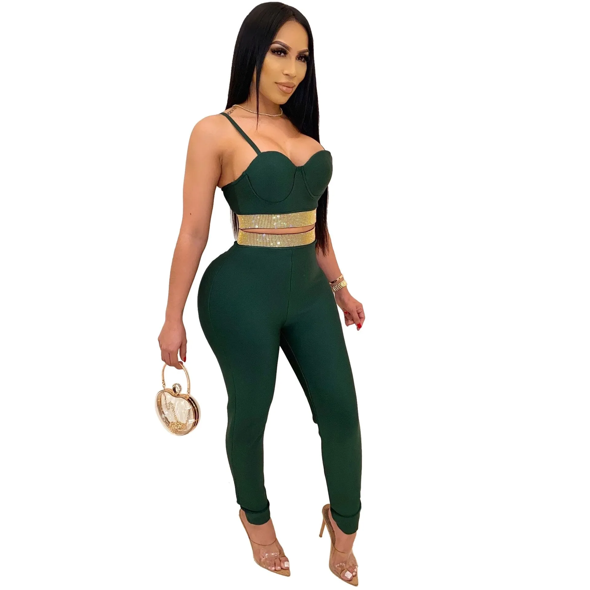 Sexy Off Shoulder Women Suit Diamond Pullover Strapless  Bodycon Outfit Tracksuit Women Party Night Clubwear Outfit Women Set