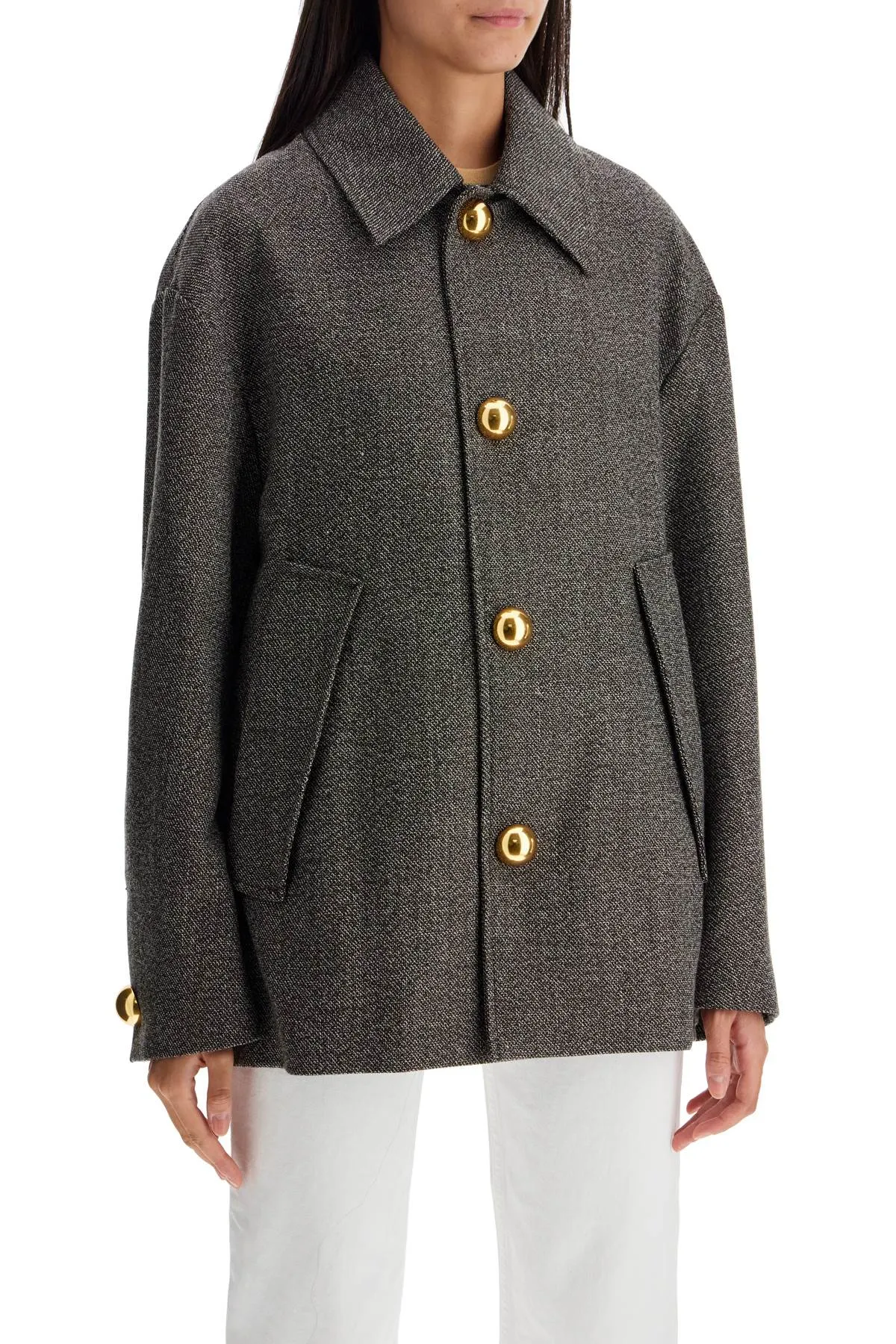 SHORT OVERSIZED COAT WITH BROWN WEAVE IN WOOL BLEND