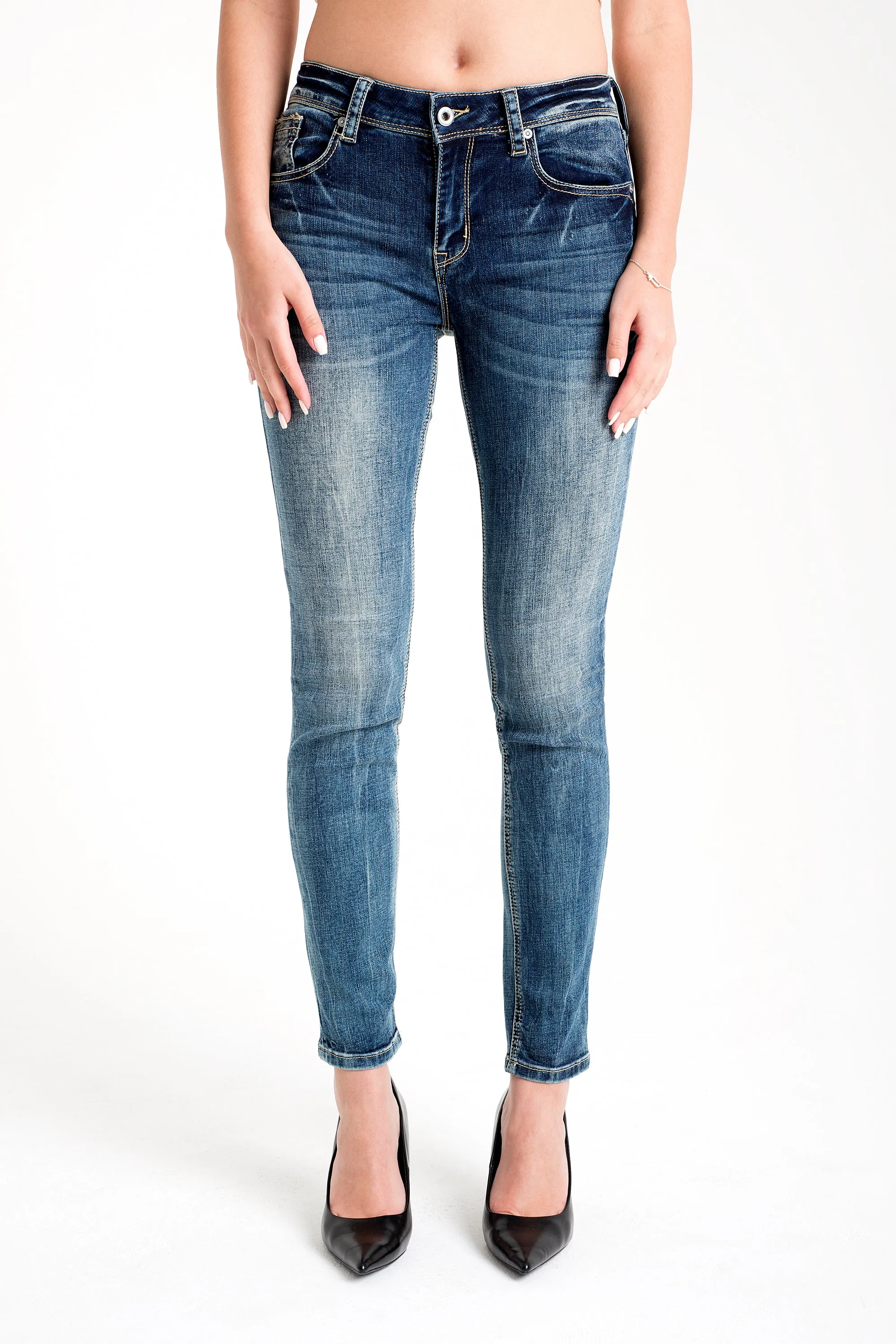 Simple Stitches Details Med Blue Mid Rise Skinny Jeans