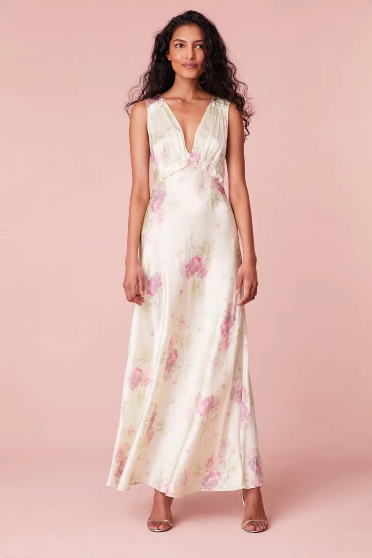 Suniva Silk Charmeuse Floral Maxi Dress- PEACHY SAGE
