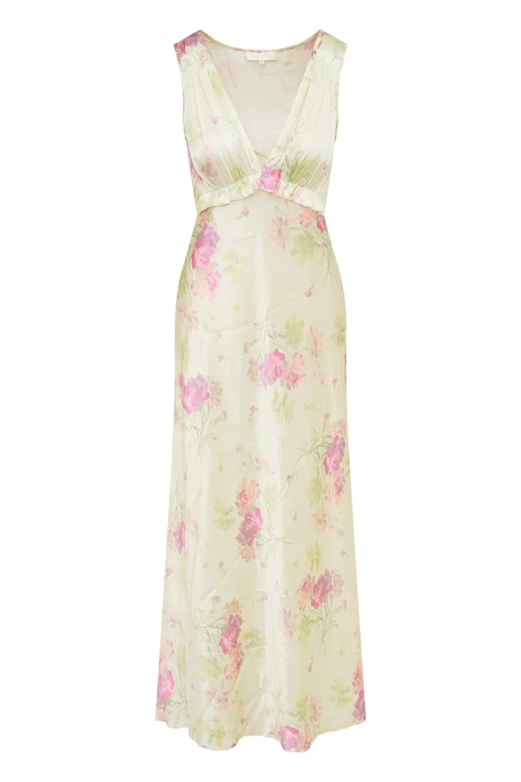 Suniva Silk Charmeuse Floral Maxi Dress- PEACHY SAGE