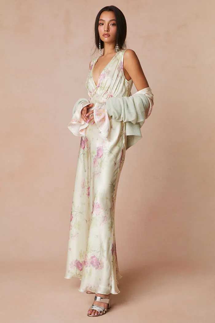 Suniva Silk Charmeuse Floral Maxi Dress- PEACHY SAGE