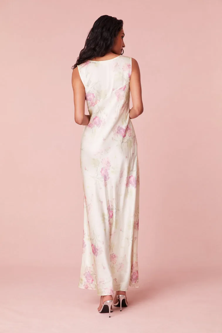 Suniva Silk Charmeuse Floral Maxi Dress- PEACHY SAGE