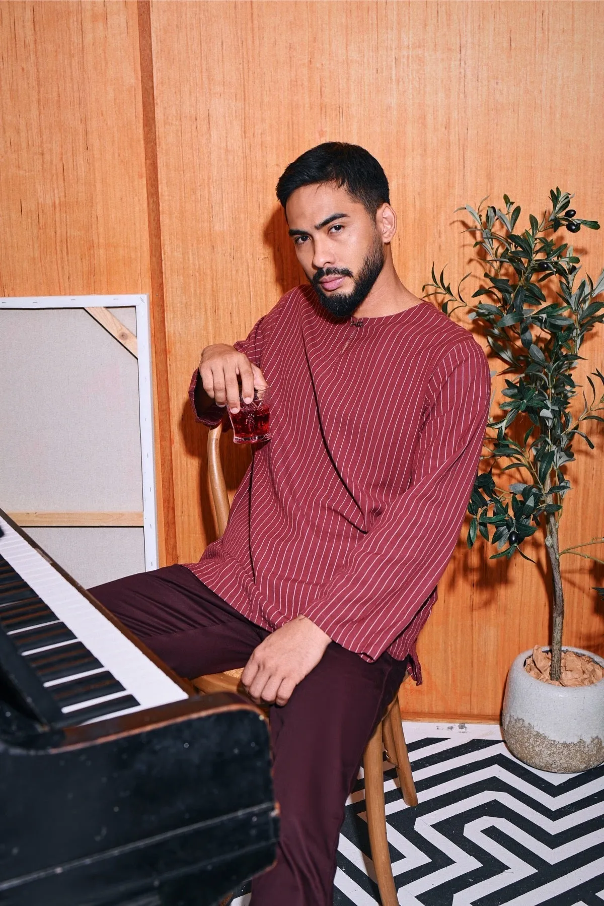 The Congkak Men Kurta - Maroon Stripe