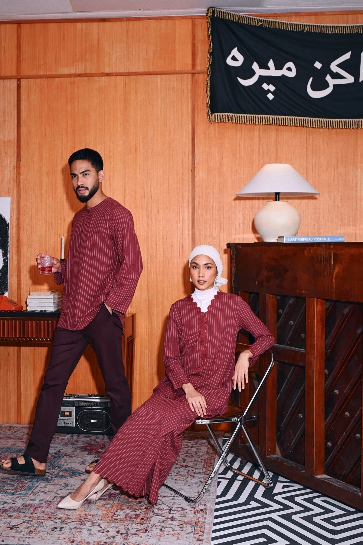 The Congkak Men Kurta - Maroon Stripe