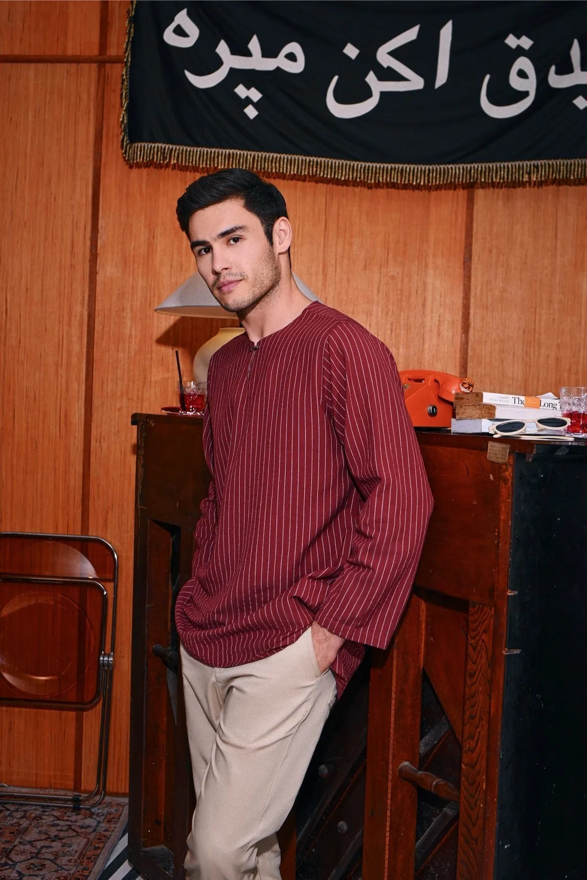 The Congkak Men Kurta - Maroon Stripe