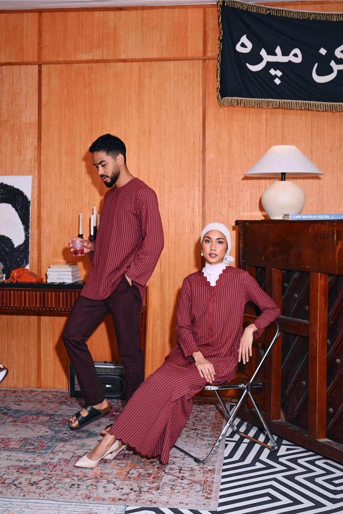 The Congkak Men Kurta - Maroon Stripe