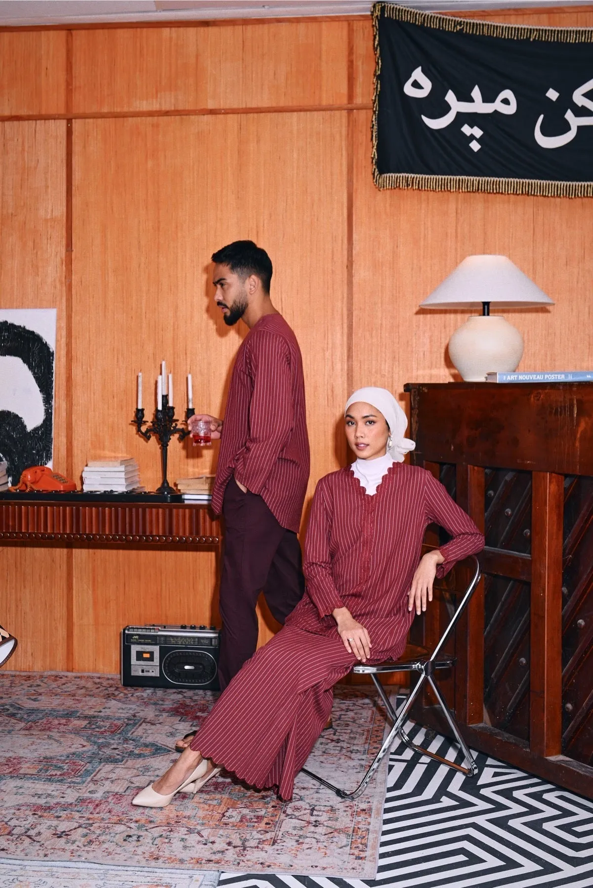 The Congkak Men Kurta - Maroon Stripe