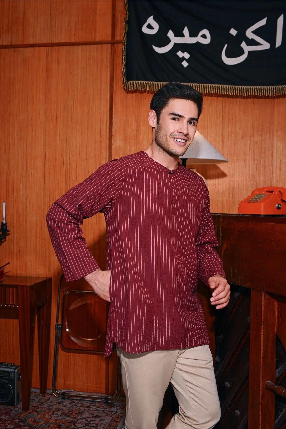 The Congkak Men Kurta - Maroon Stripe