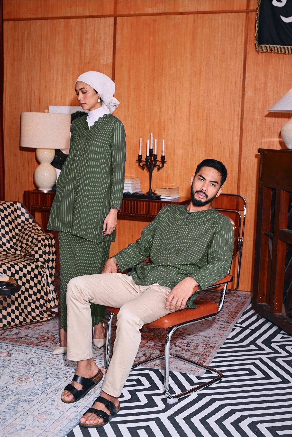 The Congkak Men Kurta - Olive Stripe