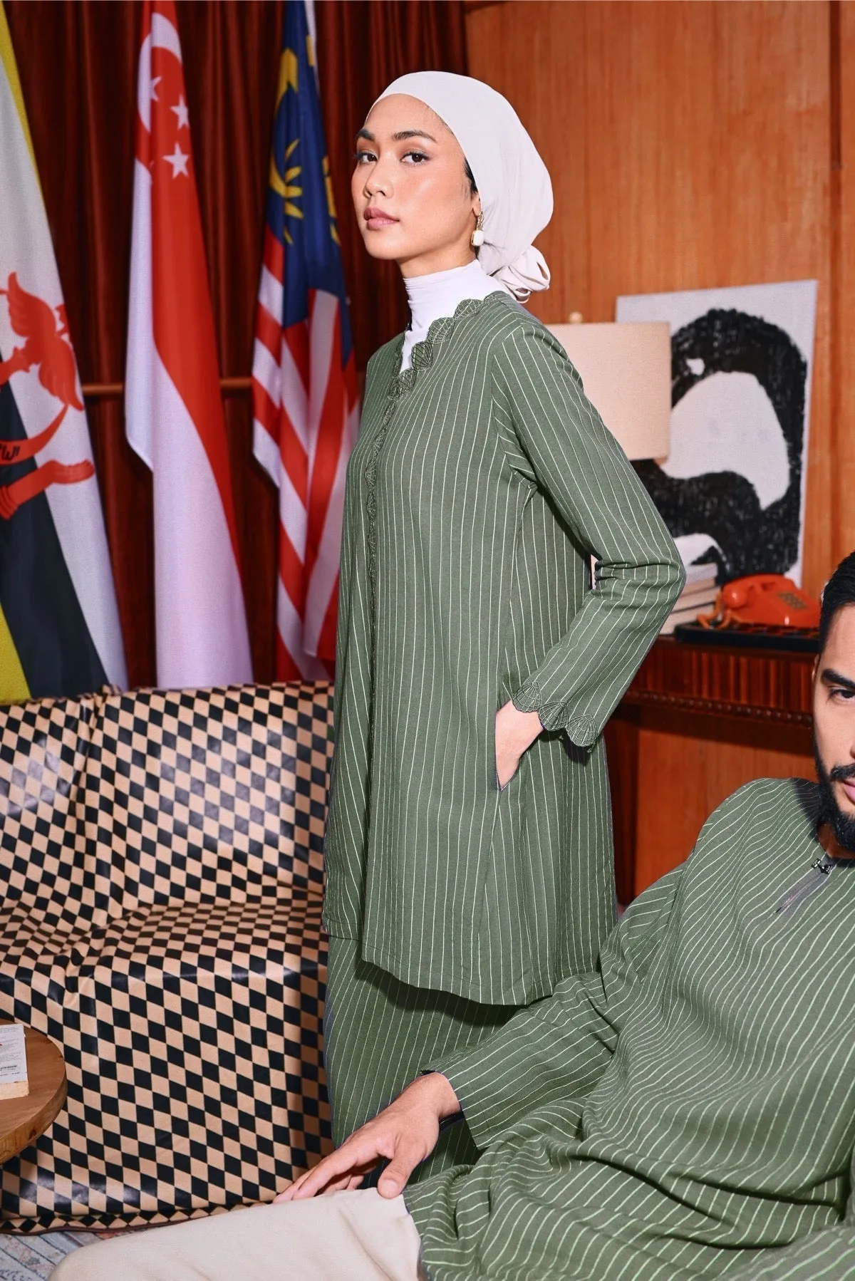 The Congkak Men Kurta - Olive Stripe
