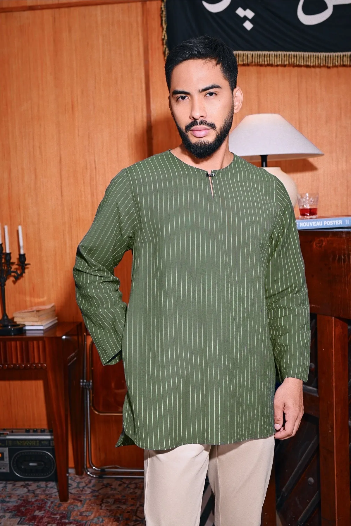 The Congkak Men Kurta - Olive Stripe