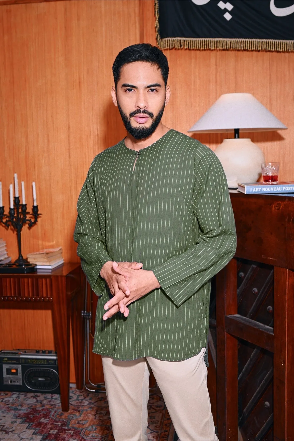 The Congkak Men Kurta - Olive Stripe