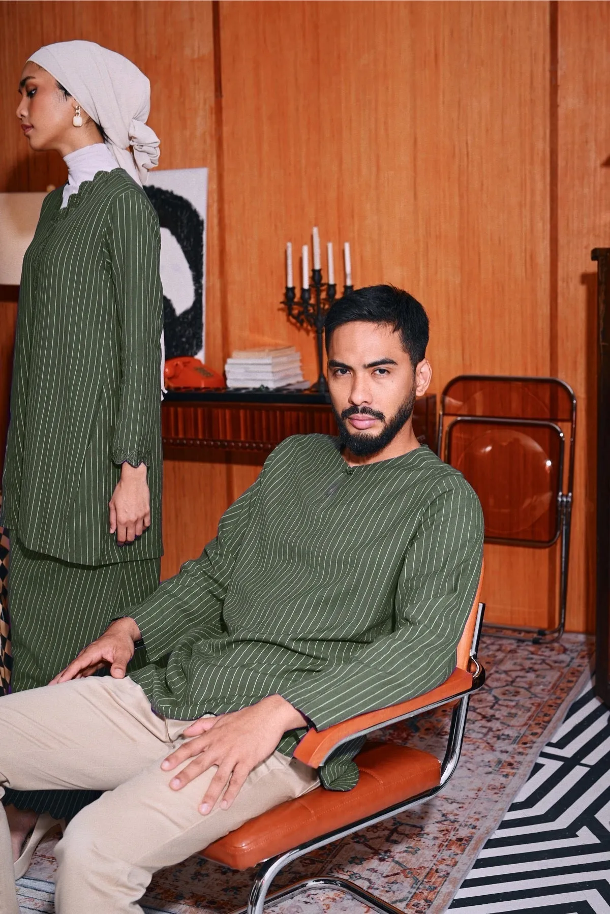 The Congkak Men Kurta - Olive Stripe