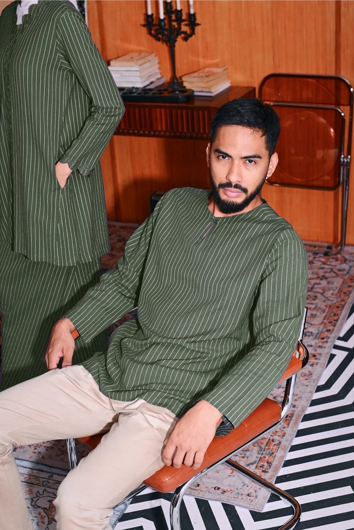 The Congkak Men Kurta - Olive Stripe