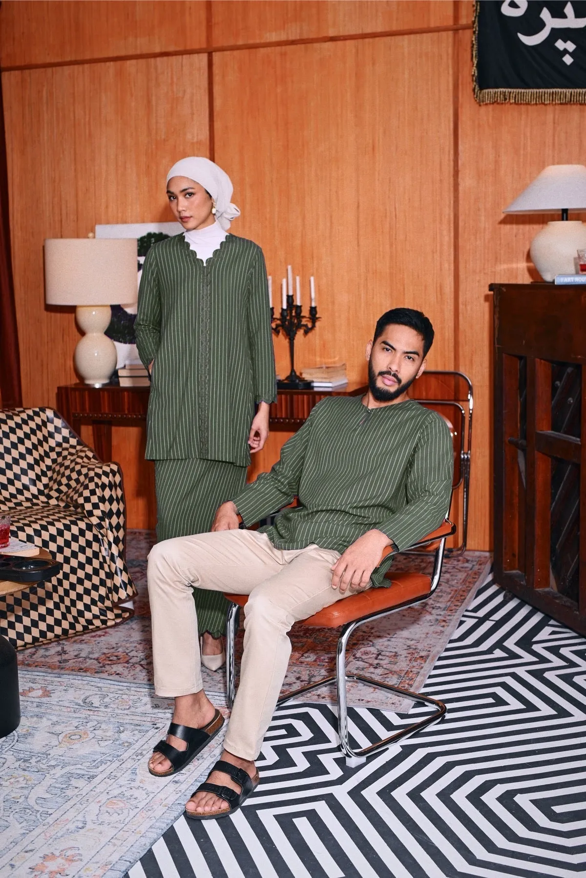 The Congkak Men Kurta - Olive Stripe