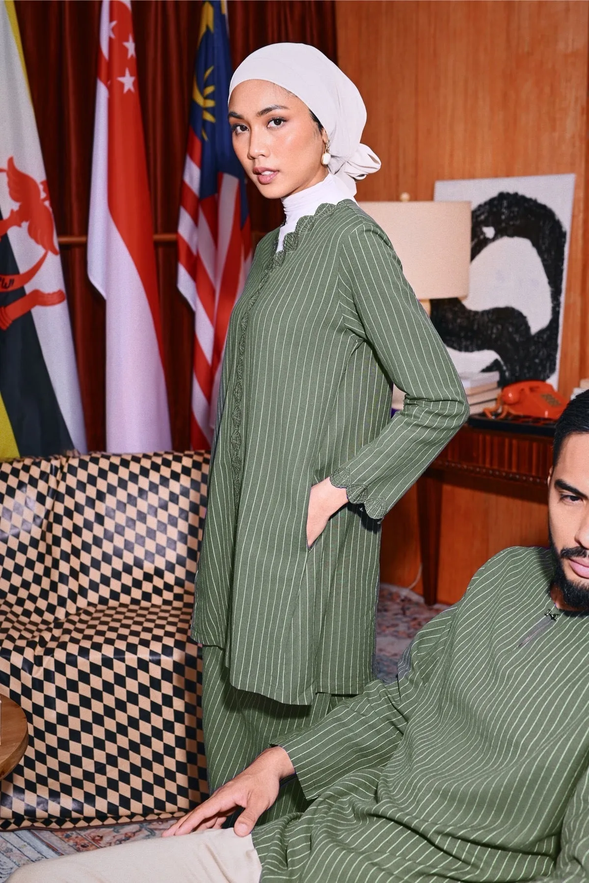 The Congkak Men Kurta - Olive Stripe