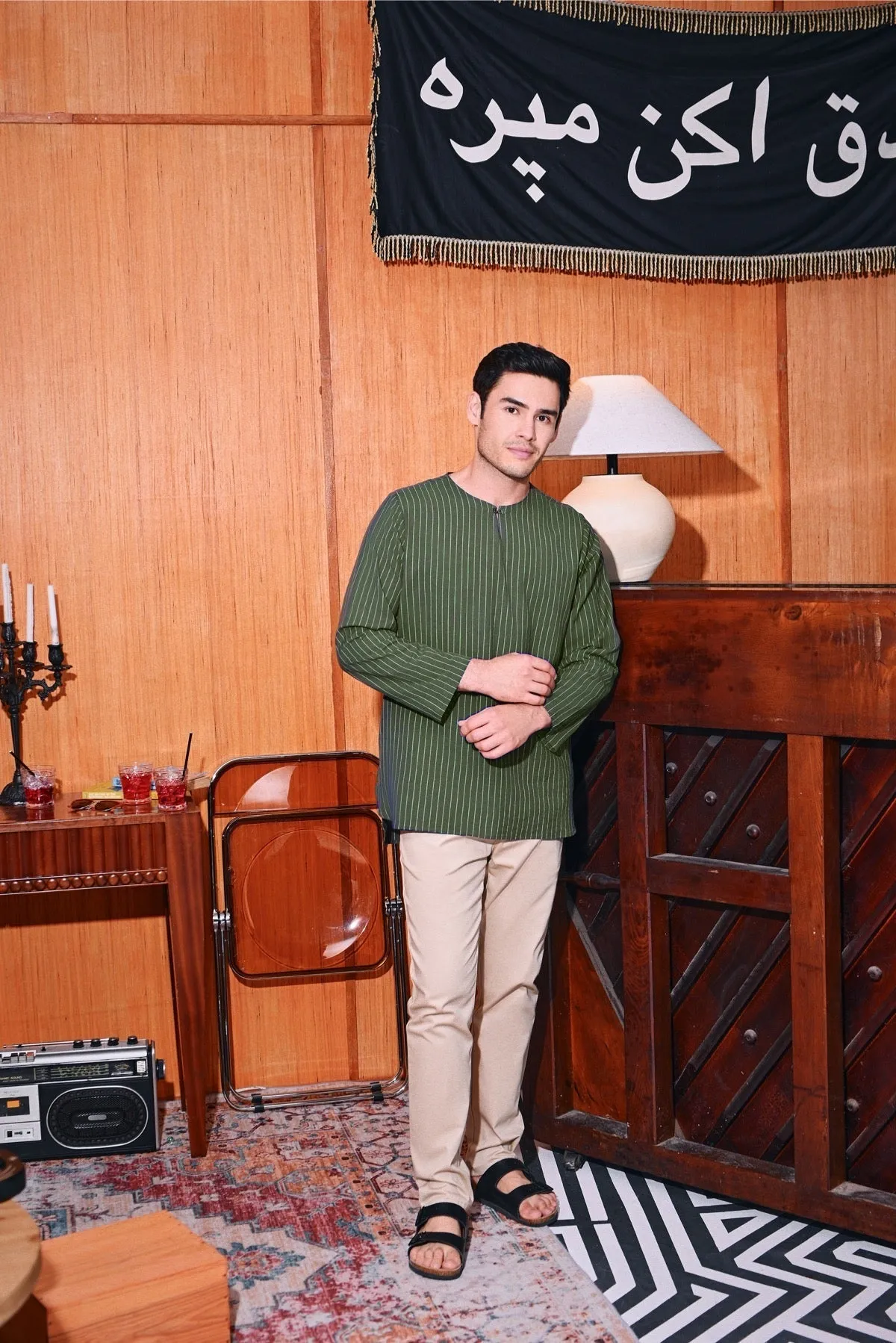 The Congkak Men Kurta - Olive Stripe