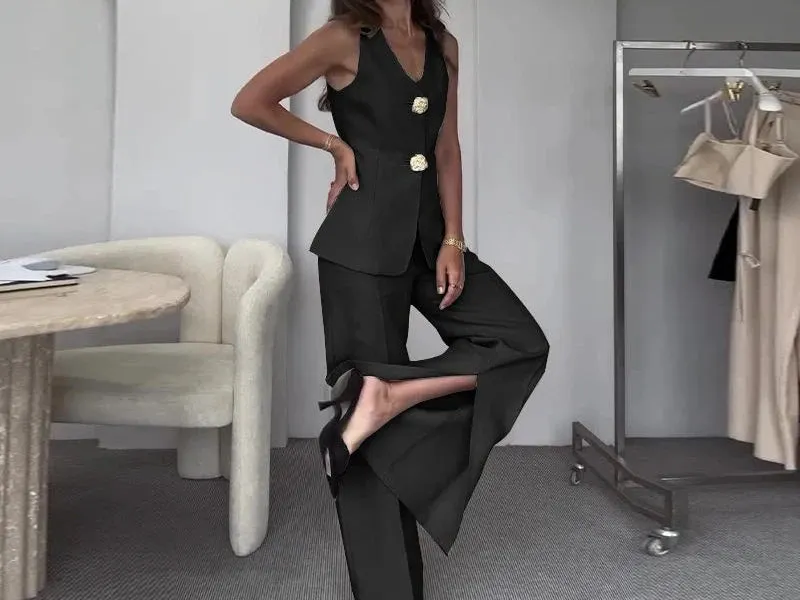 Two Piece Sets Women Pant Set V Neck Sleeveless Regular Vest Tops High Waist Wide Leg Long Pants Elegant Splice Slim Fit Summer