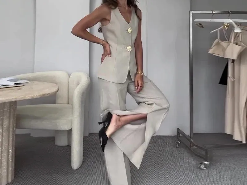 Two Piece Sets Women Pant Set V Neck Sleeveless Regular Vest Tops High Waist Wide Leg Long Pants Elegant Splice Slim Fit Summer