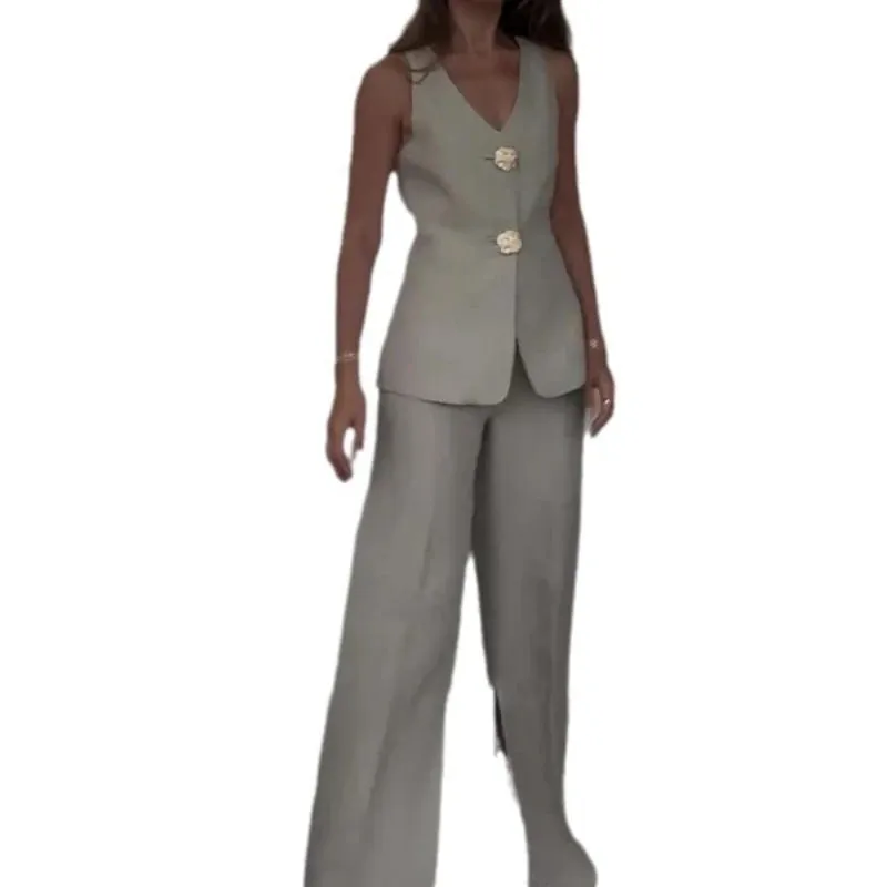 Two Piece Sets Women Pant Set V Neck Sleeveless Regular Vest Tops High Waist Wide Leg Long Pants Elegant Splice Slim Fit Summer