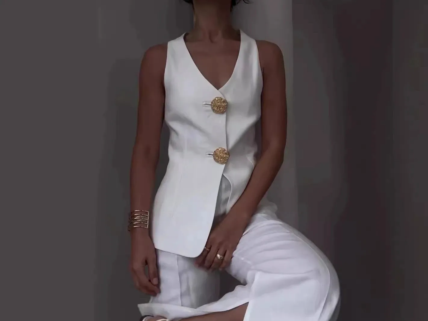 Two Piece Sets Women Pant Set V Neck Sleeveless Regular Vest Tops High Waist Wide Leg Long Pants Elegant Splice Slim Fit Summer