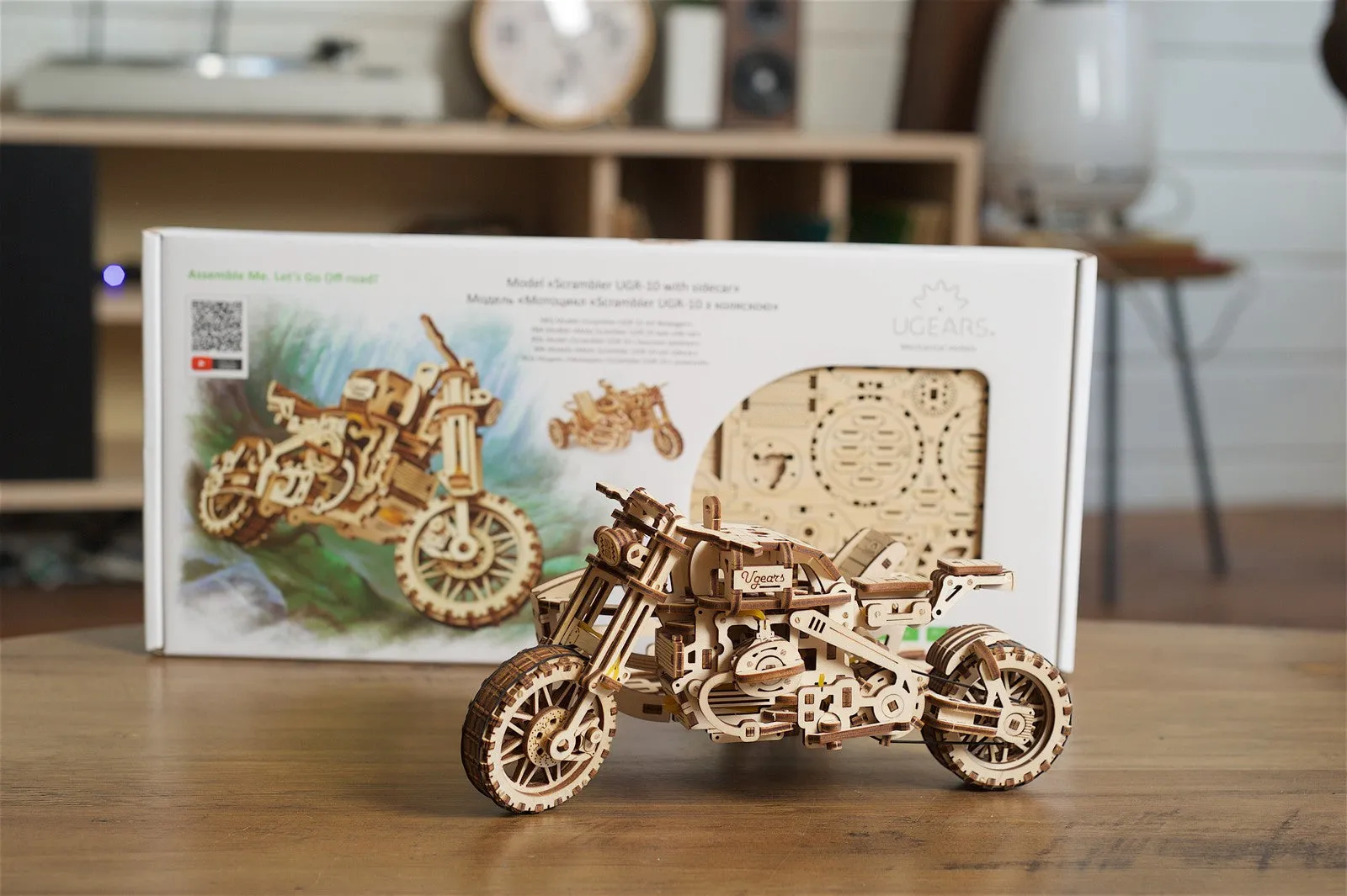 Ugears Scrambler Ugr-10 Motor Bike With Sidecar ★Mechanical 3D Puzzle Kit Model Toys Gift Present Birthday Xmas Christmas Kids Adults