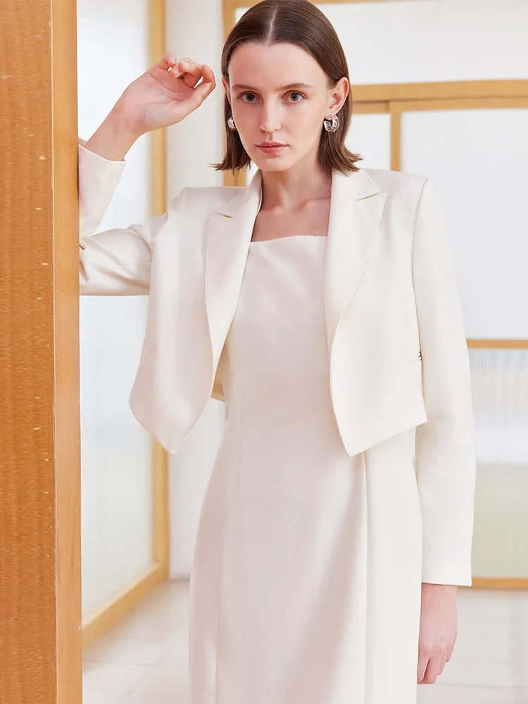 White Worsted Woolen Crop Blazer