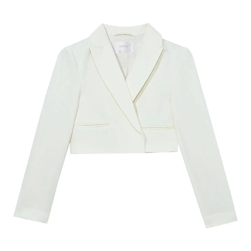 White Worsted Woolen Crop Blazer