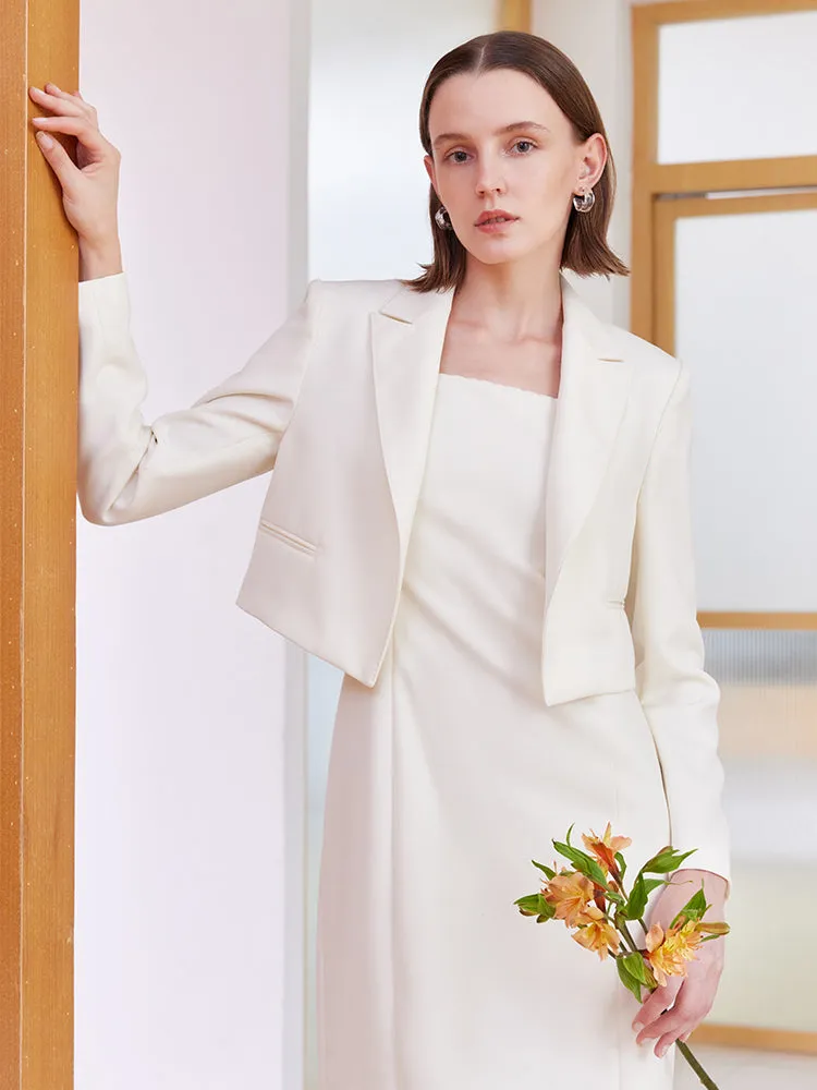 White Worsted Woolen Crop Blazer